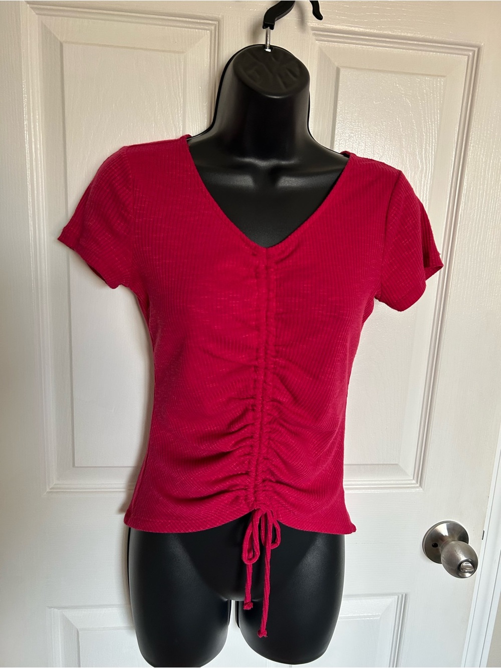 Ultra Flirt Hot Pink Ruched V-Neck Short Sleeve Crop Top